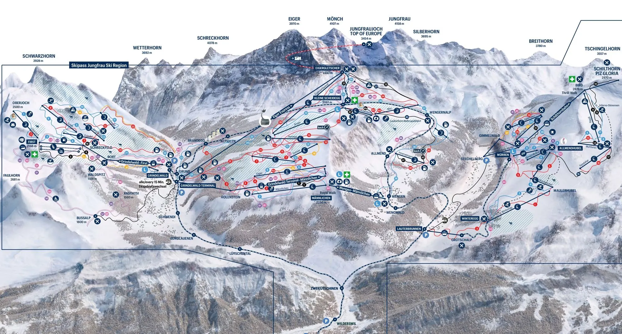 Région de la Jungfrau ski area map